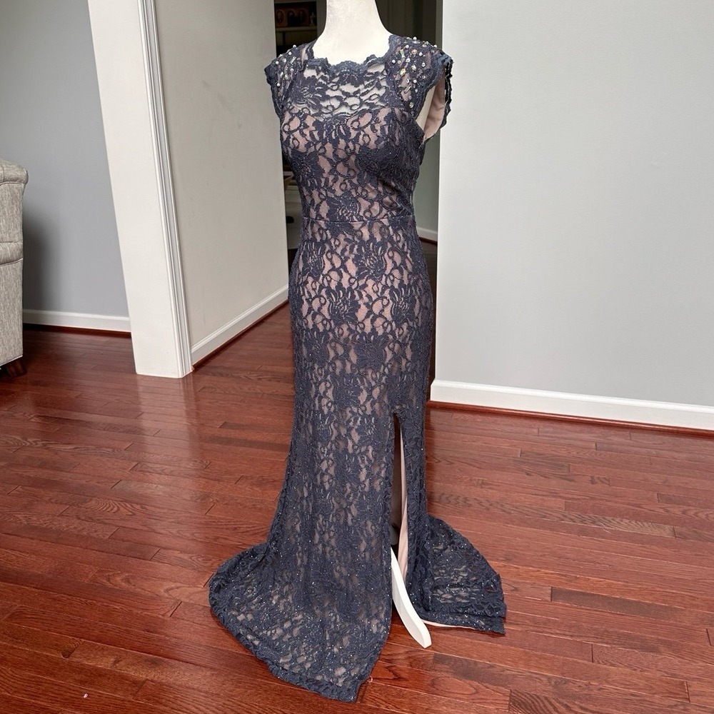 Vintage 2000s City Triangles Beaded Formal Lace Gown Dress Navy Blue Sexy Sheer